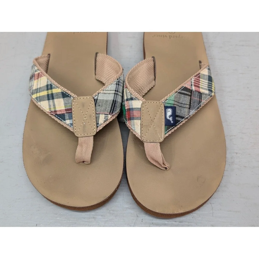 Vineyard Vines Plaid Flip Flops Sandals Mens 8 Whale Logo Beach Coastal Vacation